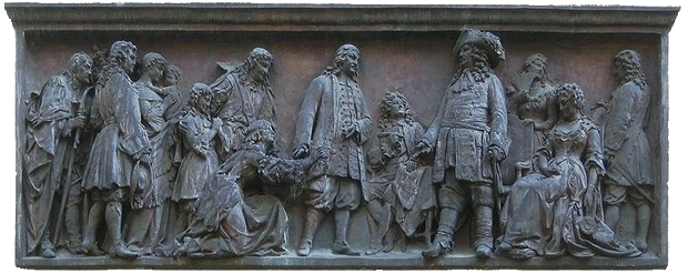 Relief of Johannes Boese: the great elector, Frederick William of Brandenburg welcoming the arriving Huguenots (1885)
