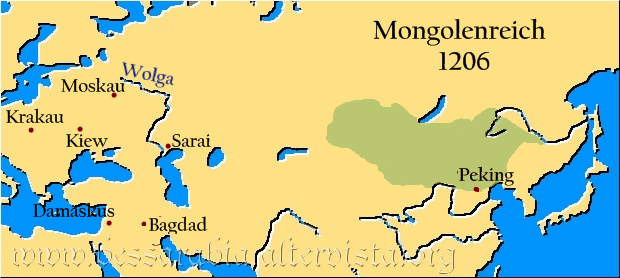l'ampliamento dello Stato dei Mongoli (in arancione gli stati vassalli e gli stati dipendenti)