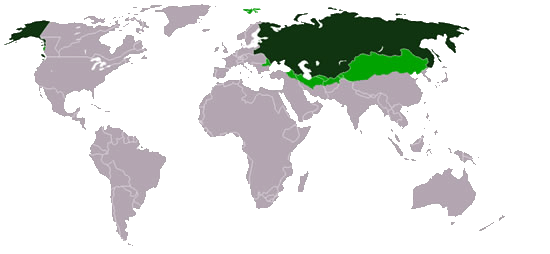 L'Impero Russo (nel periodo di massima espansione 1790-1860; il territorio in verde scuro; l'area d'influenza in verde chiaro)