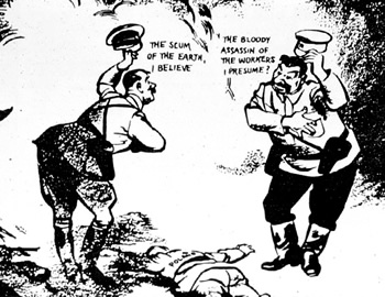 un caricatura del tempo di Hitler e Stalin Hilter: 
      „la feccia della terra?" Stalin: „L'assassino sanguinario dei lavoratori?"