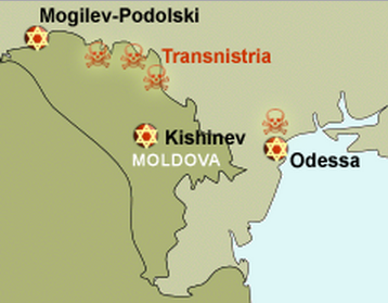 l'olocausto  in Transnistria, in Moldavia e nell'Ucraine 
      (le stelle di David rappresentano i ghetti, i teschi i massacri)