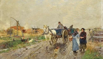 Mühlig Hugo: strada di campagna con carro trainato da cavalli