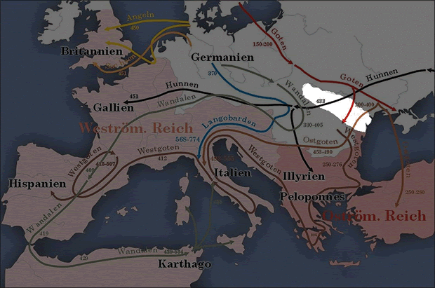 In bianco: il territorio della Bessarabia durante la migrazione dei popoli