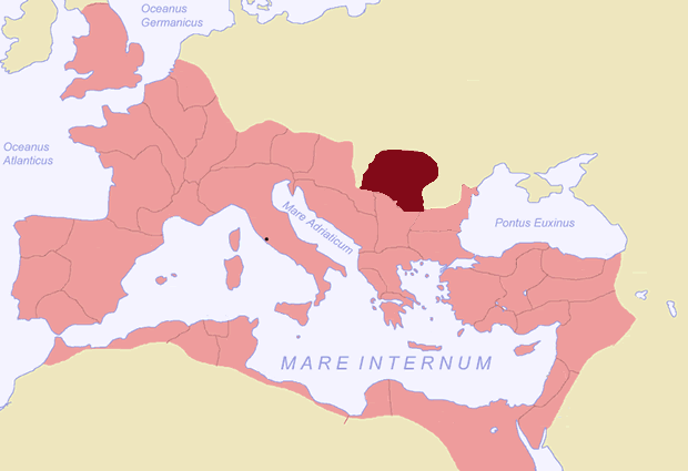 la provincia della Dacia all'interno dei confini dell'Impero romano, 117 d.C