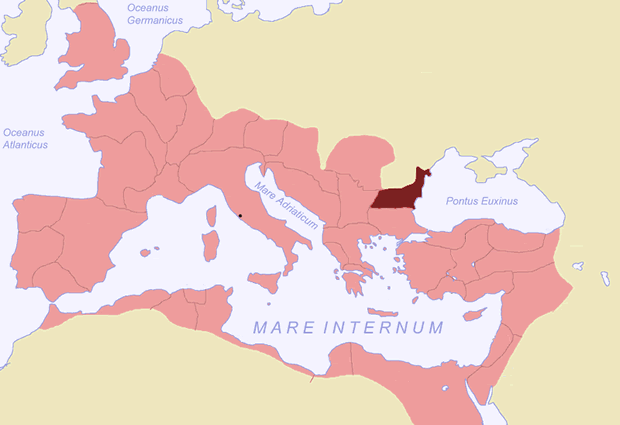 la provincia della Moesia Inferior all'interno dei confini dell'Impero romano, 117 d.C.